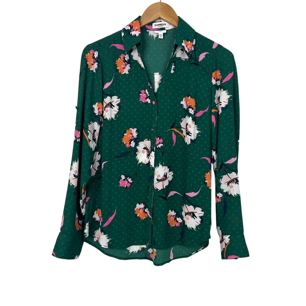 Express Green Floral Portofino Button Front Blouse